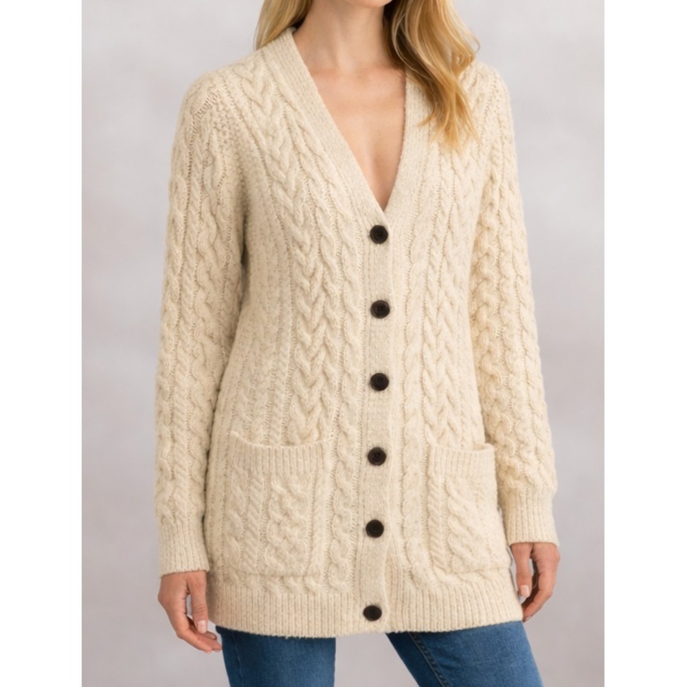 The Irish Store Women's Merino Wool Cable Knit Cardigan Ireland Sweater SZ Large